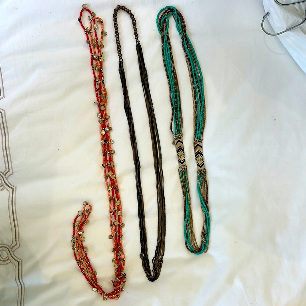 3 Long Necklaces-Orange Bead w Gold Disc, Black & Gold Chain,Turquoise w Gold
